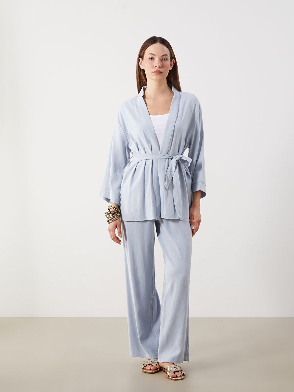 Mavi Şal Yaka Keten Karışımlı Oversize Kadın Kimono-1