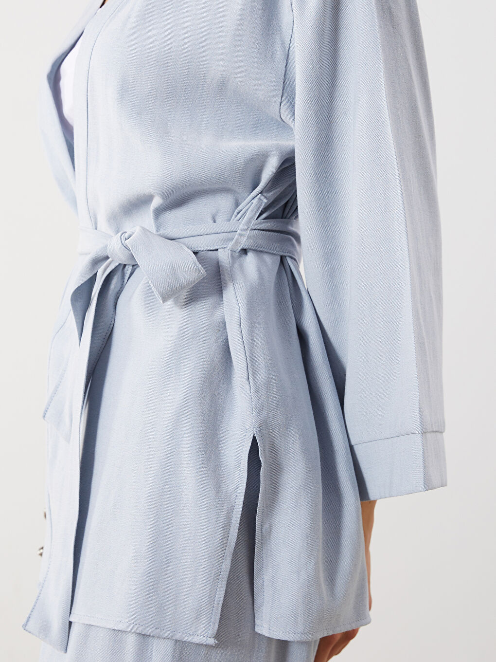 Mavi Şal Yaka Keten Karışımlı Oversize Kadın Kimono-2