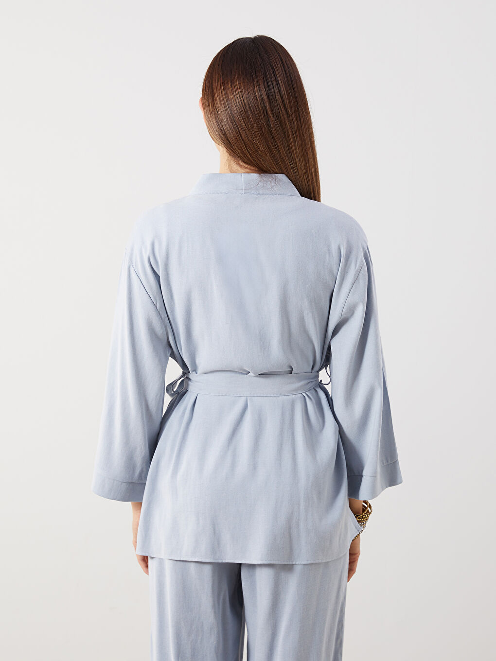 Mavi Şal Yaka Keten Karışımlı Oversize Kadın Kimono-3