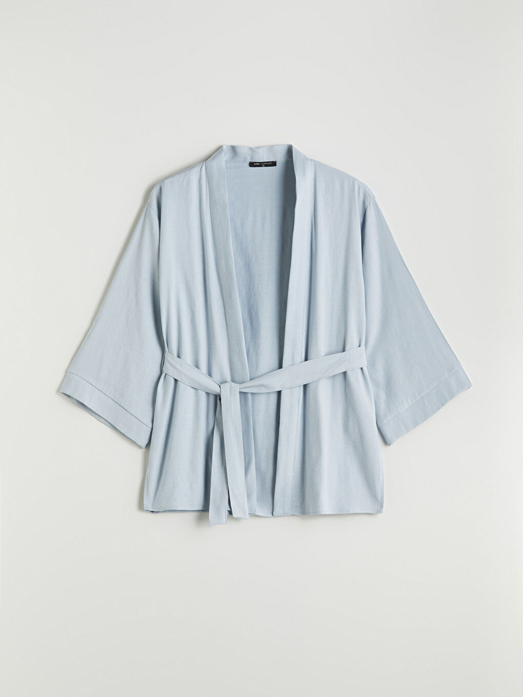 Mavi Şal Yaka Keten Karışımlı Oversize Kadın Kimono-4