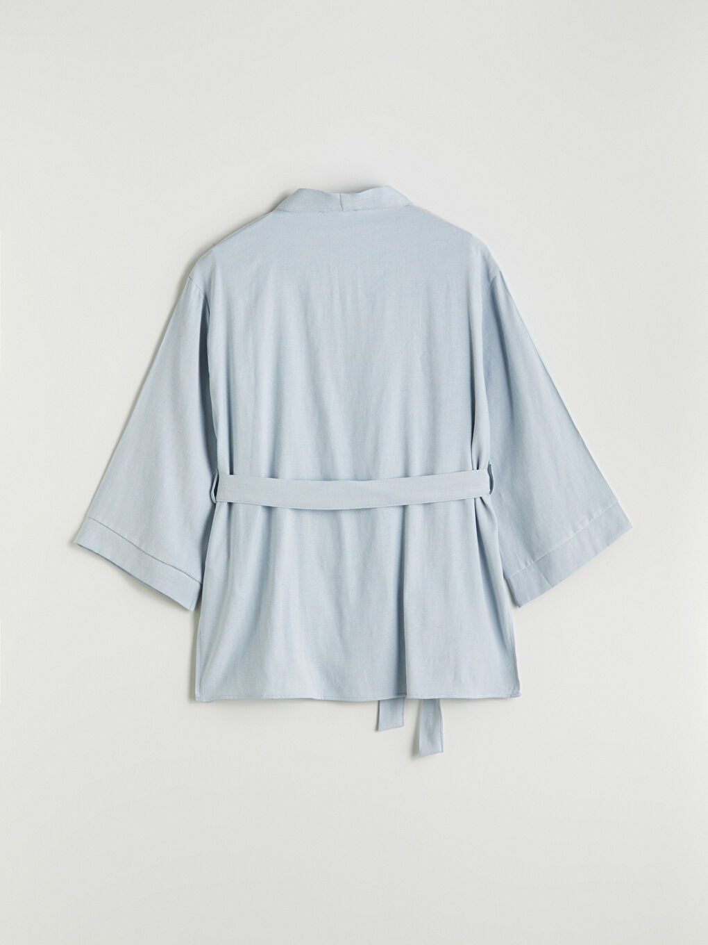 Mavi Şal Yaka Keten Karışımlı Oversize Kadın Kimono-5