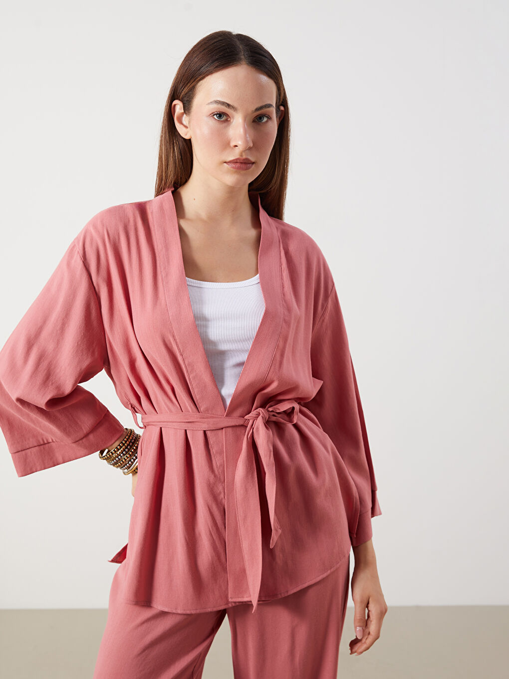 Pembe Şal Yaka Keten Karışımlı Oversize Kadın Kimono