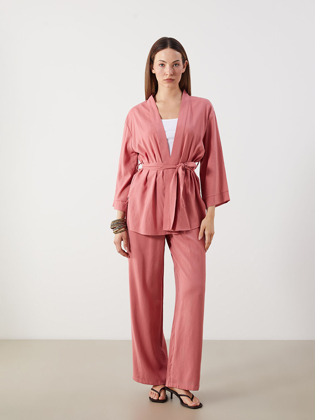 Pembe Şal Yaka Keten Karışımlı Oversize Kadın Kimono-1