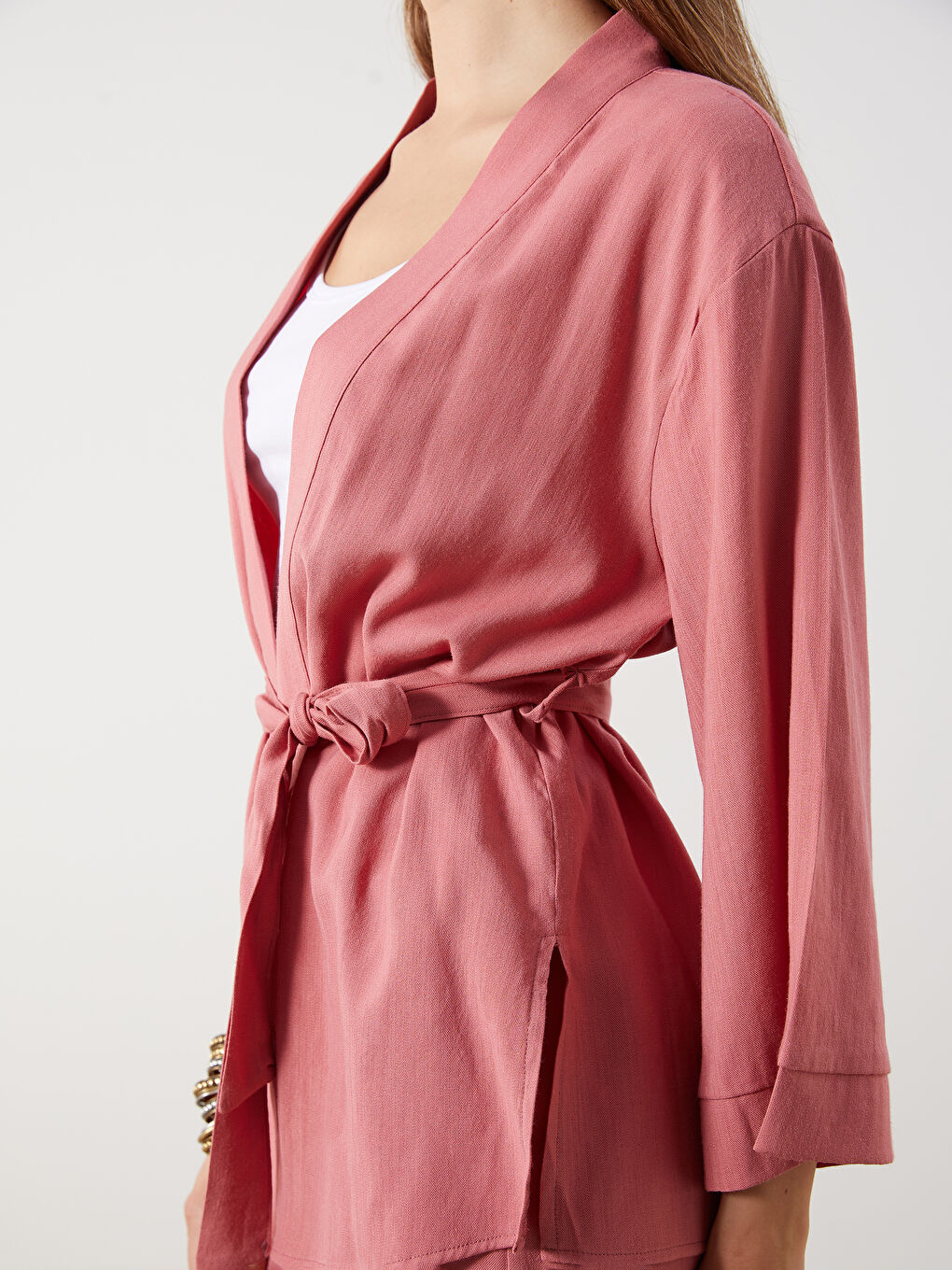 Pembe Şal Yaka Keten Karışımlı Oversize Kadın Kimono-2