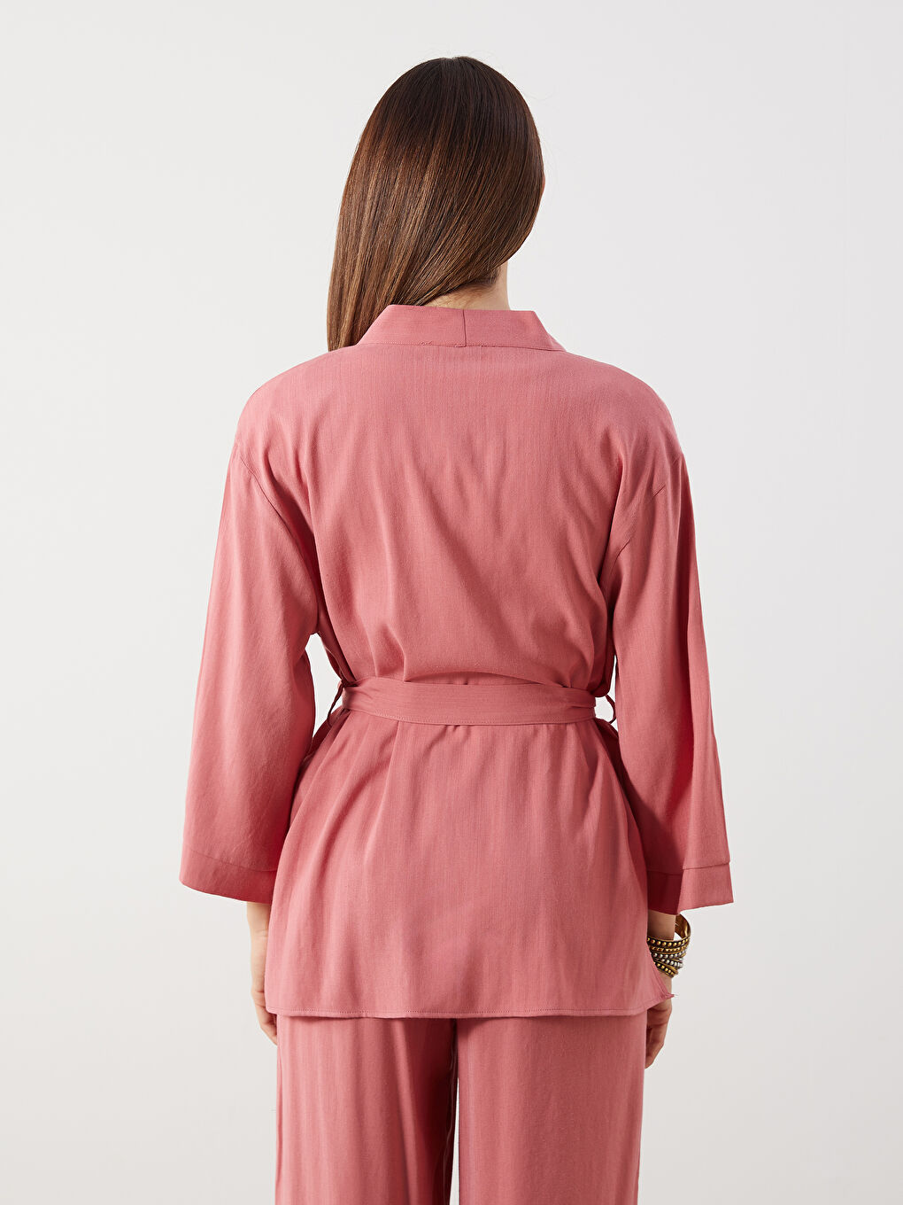 Pembe Şal Yaka Keten Karışımlı Oversize Kadın Kimono-3