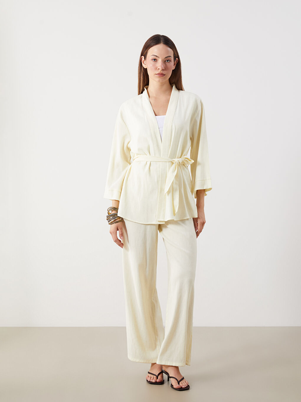 Sarı Şal Yaka Keten Karışımlı Oversize Kadın Kimono-1