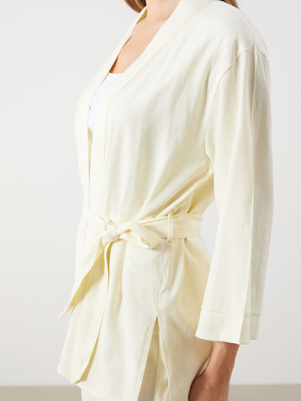 Sarı Şal Yaka Keten Karışımlı Oversize Kadın Kimono-2