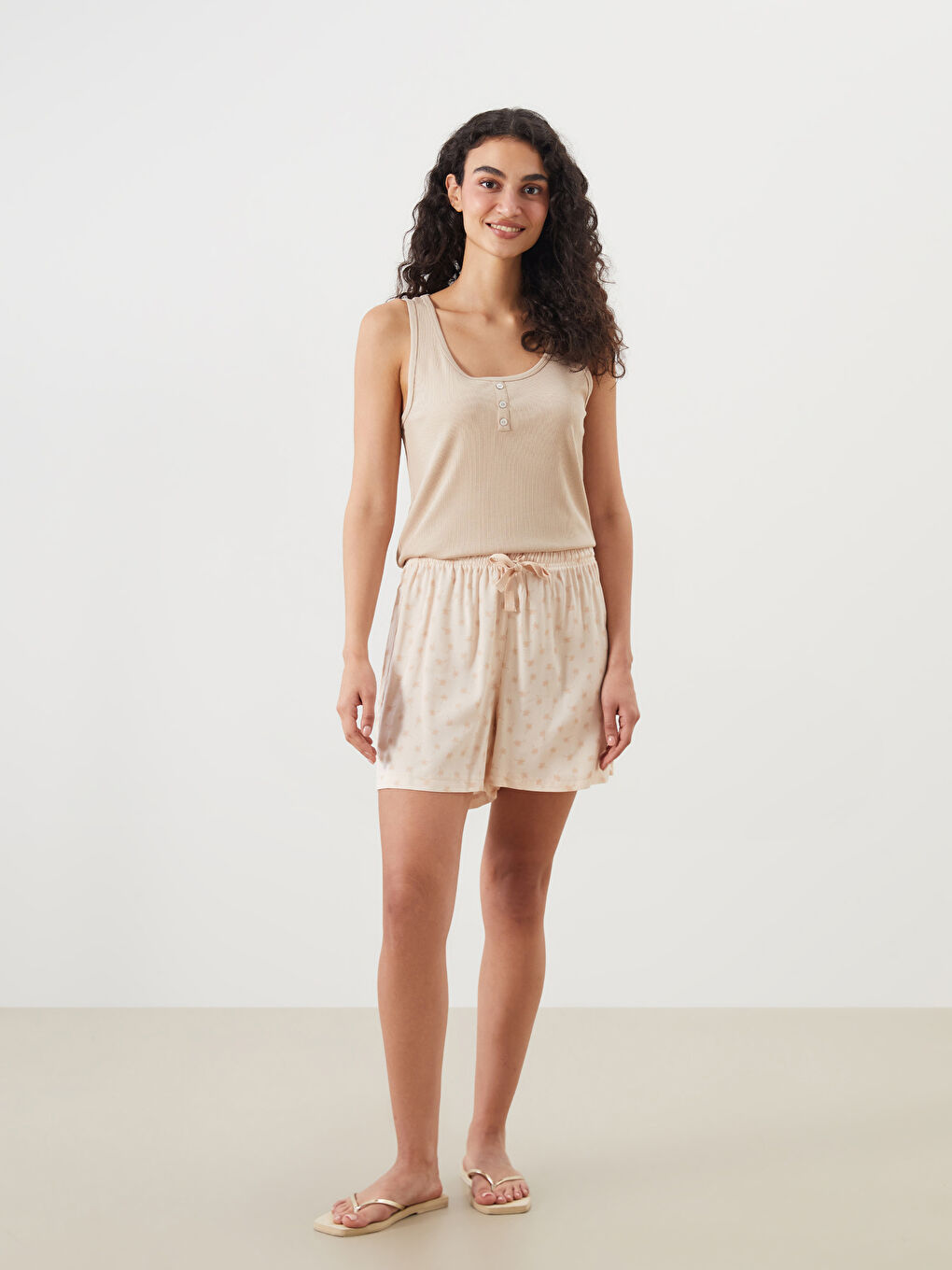 Bej U Yaka Dokulu Kadın Pijama Üstü-1