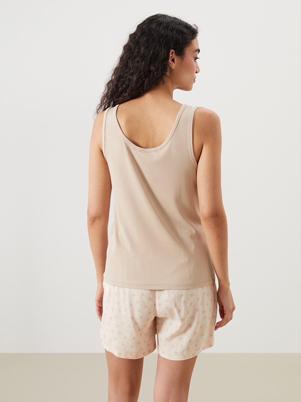 Bej U Yaka Dokulu Kadın Pijama Üstü-3