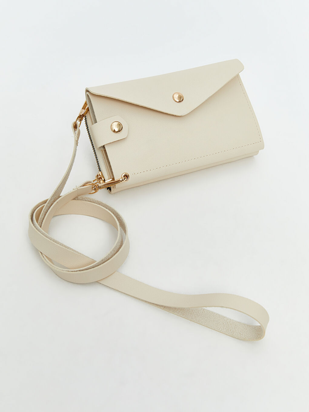Ekru Deri Görünümlü Boyun Askılı Kadın Cüzdan-1