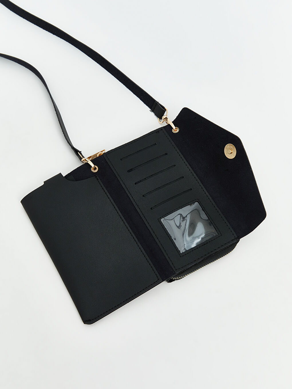 Siyah Deri Görünümlü Boyun Askılı Kadın Cüzdan-2