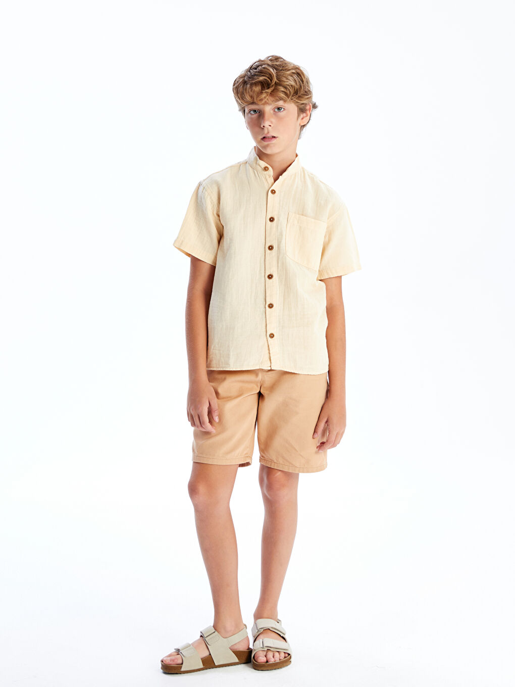 Bej Hakim Yaka Müslin Erkek Çocuk Gömlek-1