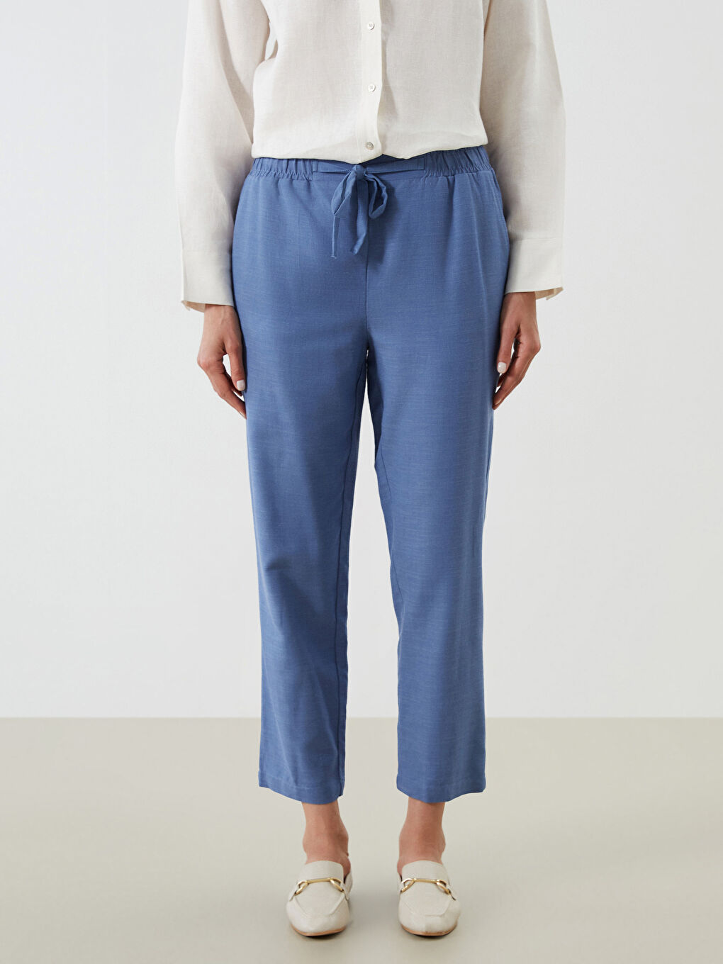 İndigo Beli Lastikli Keten Karışımlı Kadın Pantolon-1