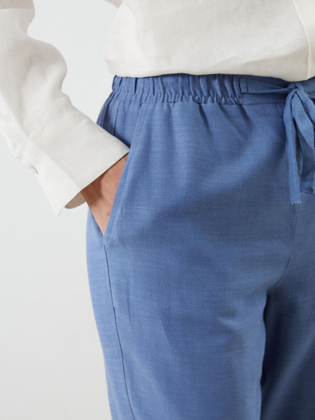 İndigo Beli Lastikli Keten Karışımlı Kadın Pantolon-2