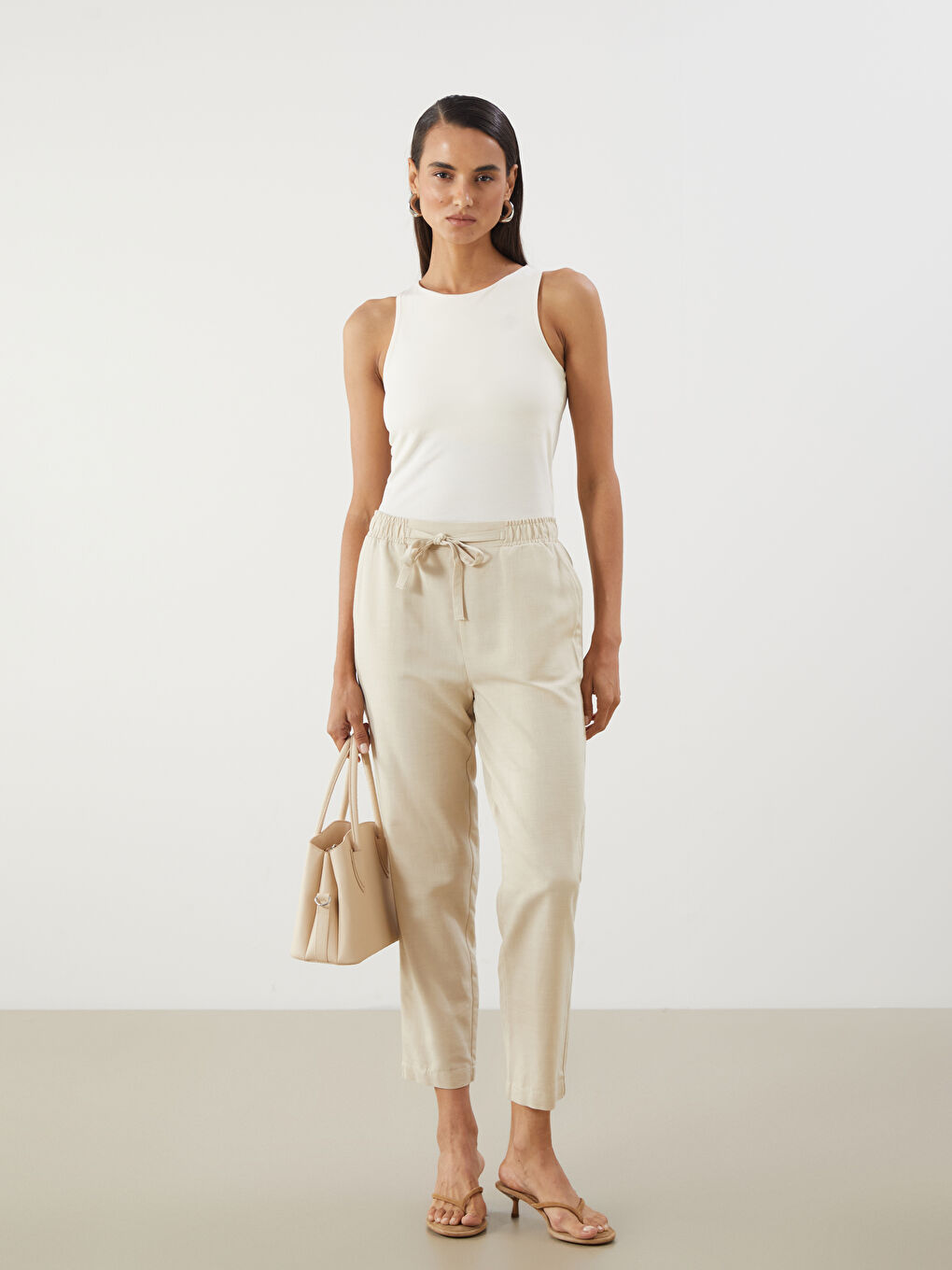 Bej Beli Lastikli Keten Karışımlı Kadın Pantolon