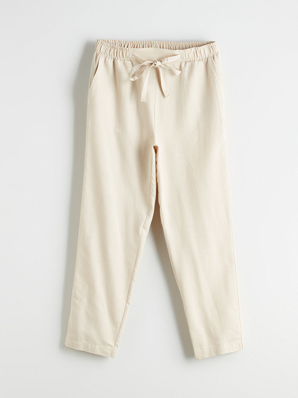 Bej Beli Lastikli Keten Karışımlı Kadın Pantolon-4