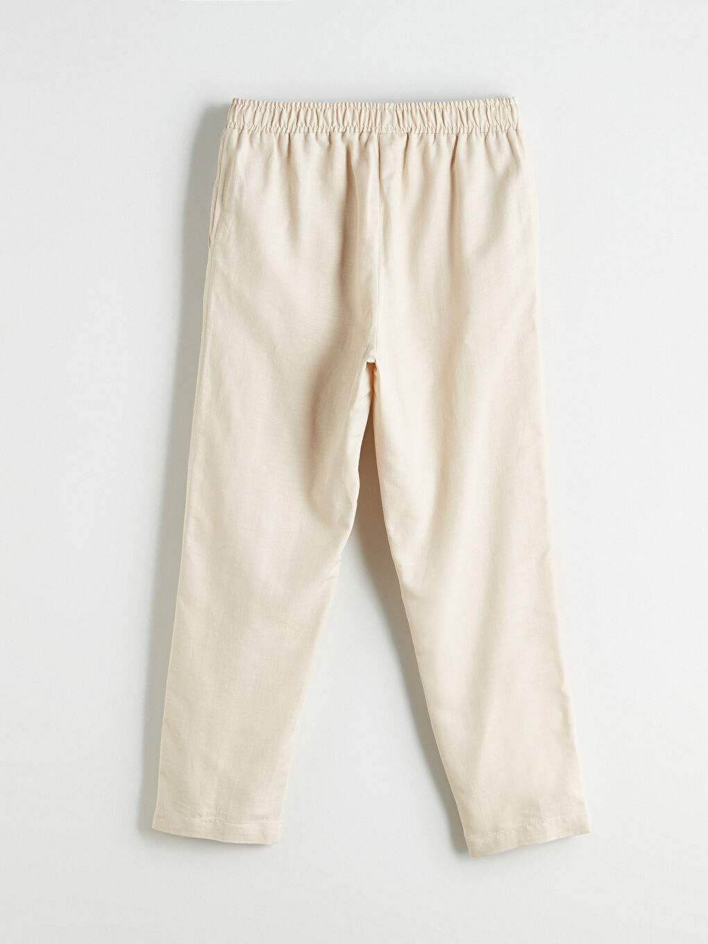 Bej Beli Lastikli Keten Karışımlı Kadın Pantolon-5