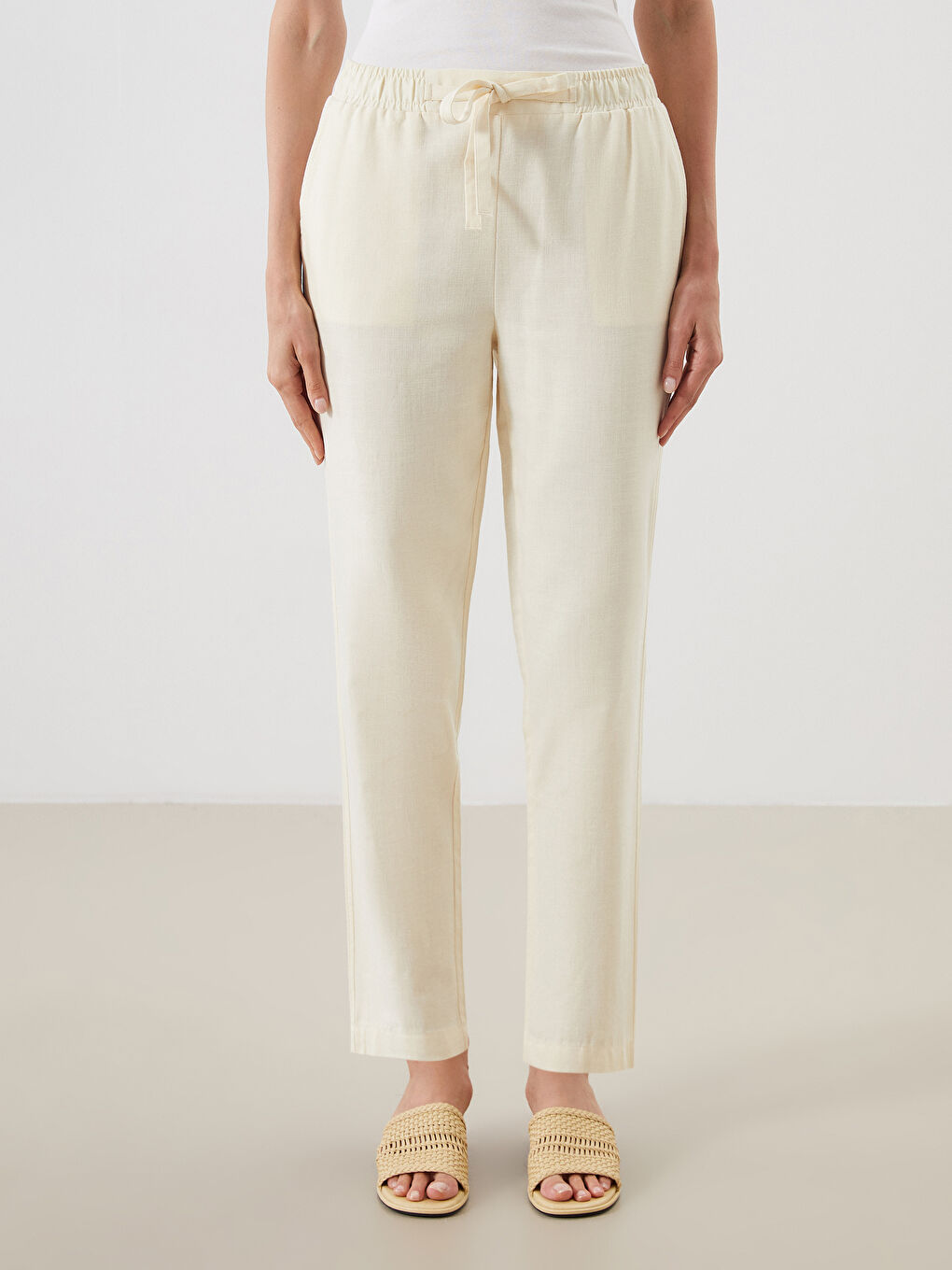 Sarı Beli Lastikli Keten Karışımlı Kadın Pantolon-1