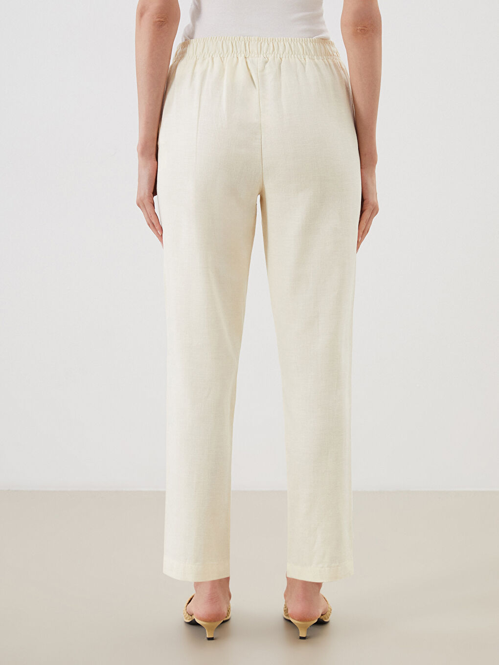 Sarı Beli Lastikli Keten Karışımlı Kadın Pantolon-3