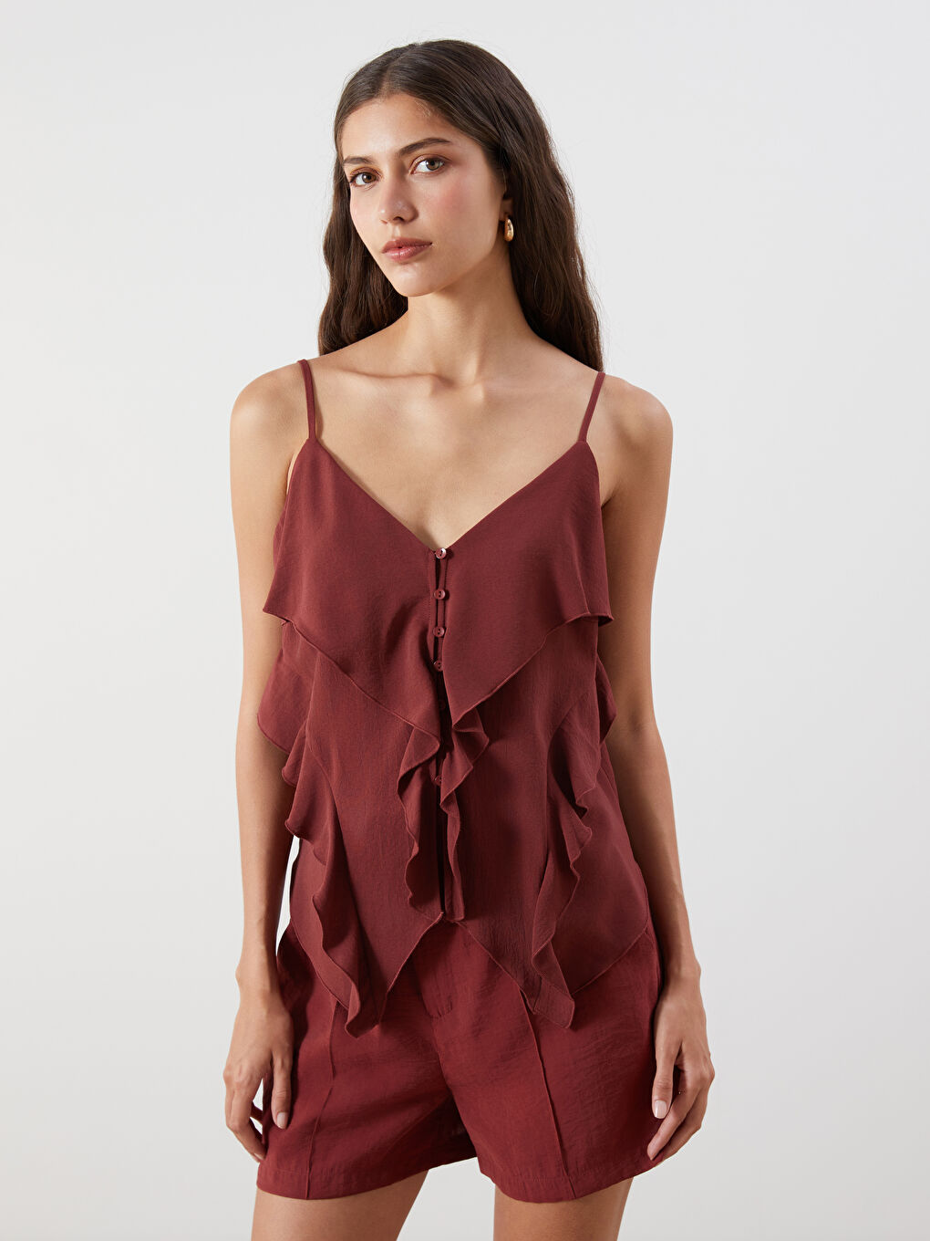 Bordo V Yaka Askılı Fırfırlı Bluz