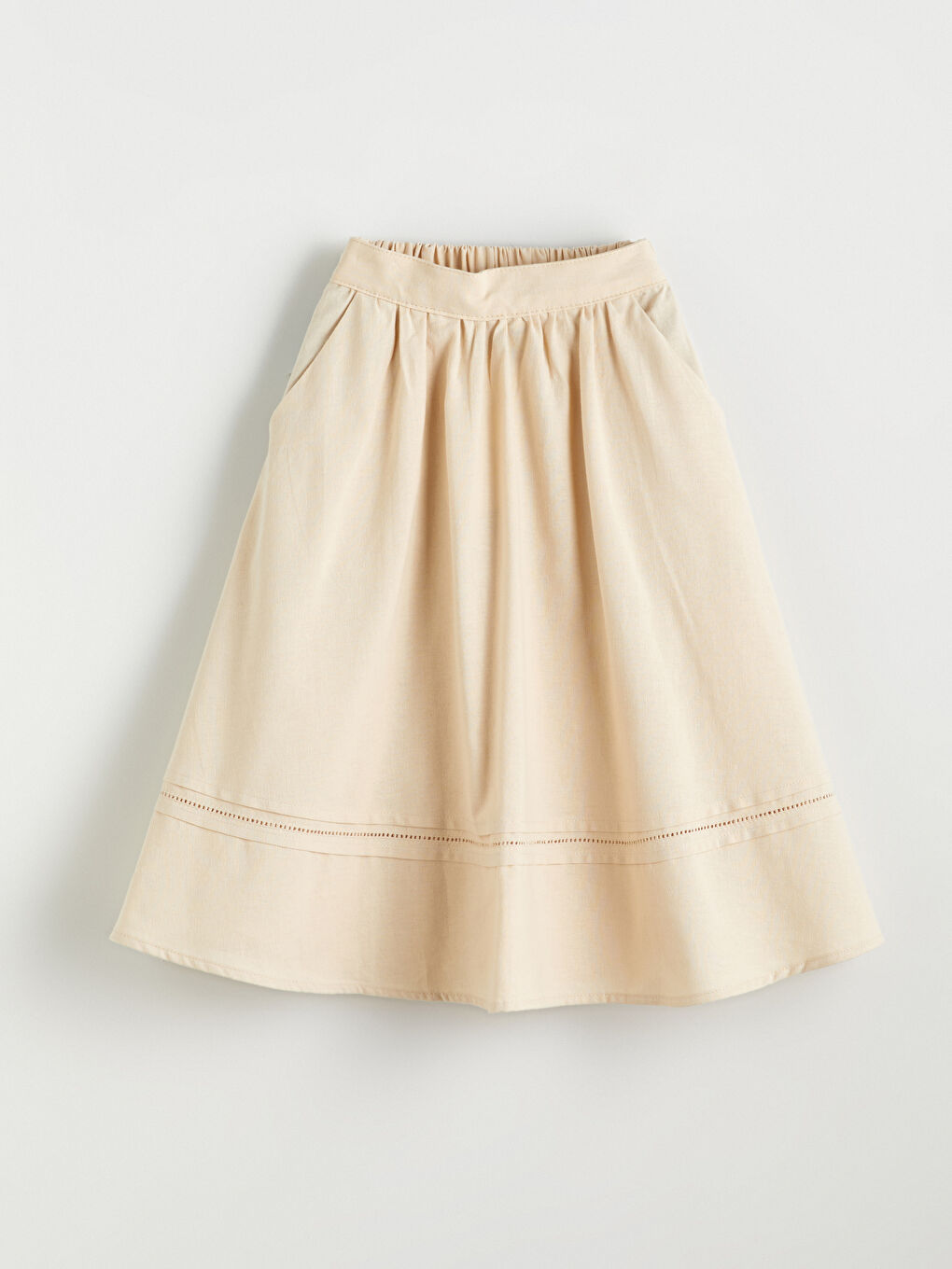 Bej Beli Lastikli Keten Karışımlı Kız Çocuk Etek