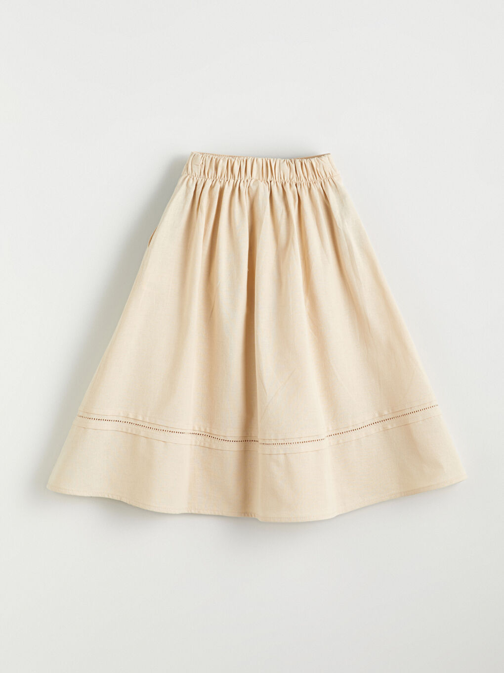 Bej Beli Lastikli Keten Karışımlı Kız Çocuk Etek-2