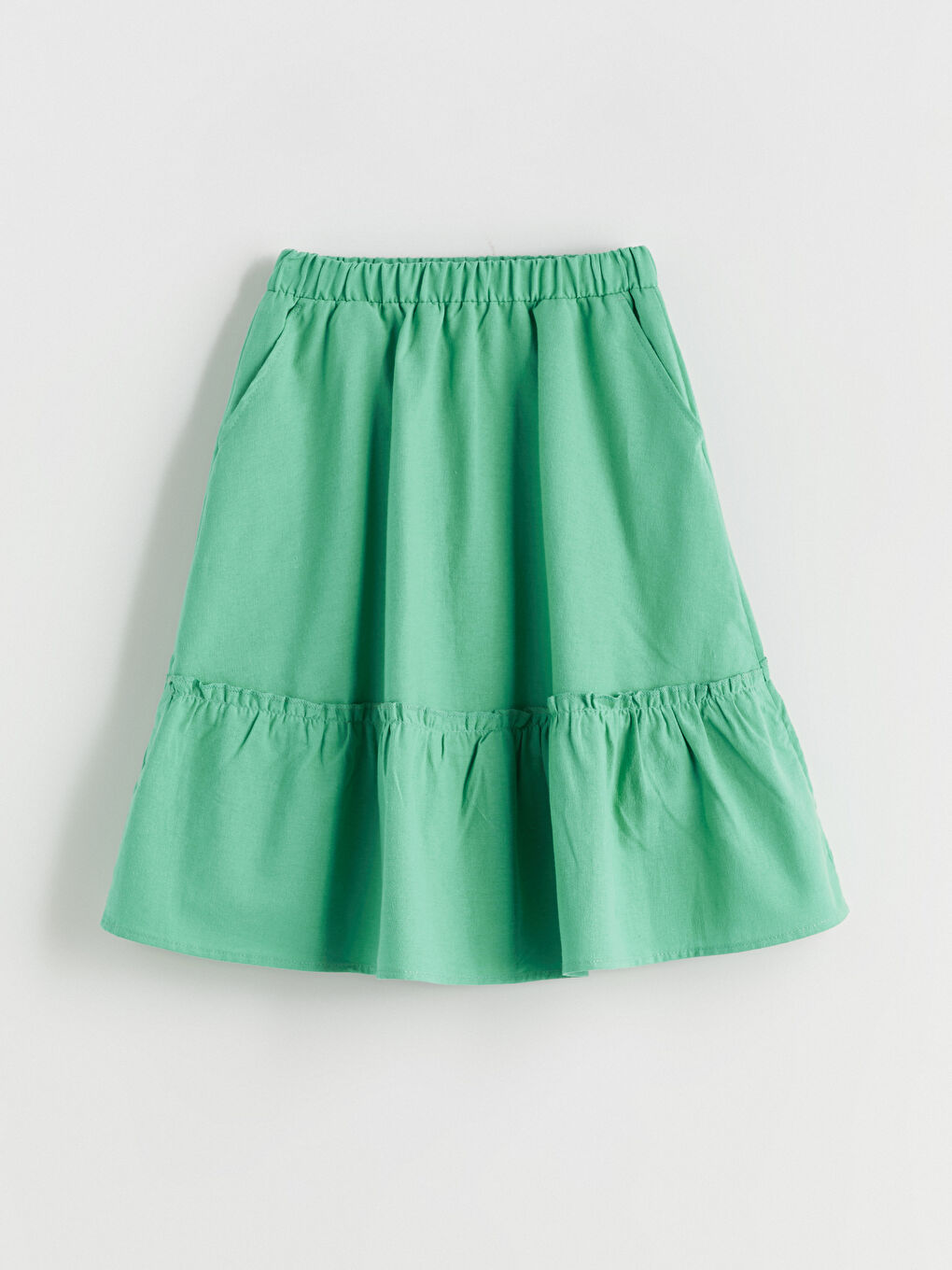 Yeşil Beli Lastikli Keten Karışımlı Kız Çocuk Etek