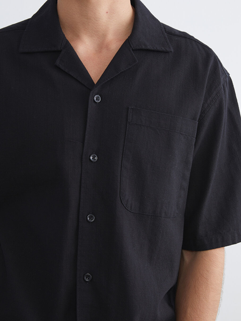 Siyah Regular Fit Resort Yaka Kısa Kollu Poplin Erkek Gömlek-5