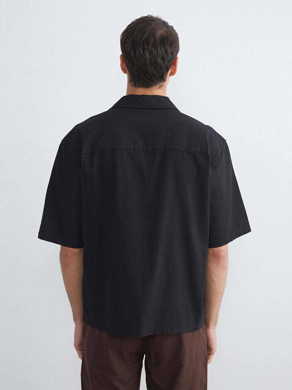 Siyah Regular Fit Resort Yaka Kısa Kollu Poplin Erkek Gömlek-7
