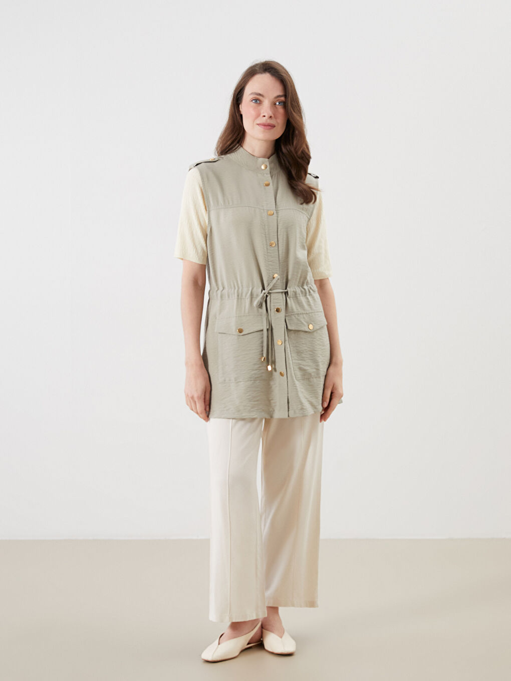 Yeşil Hakim Yaka Büzgülü Kadın Yelek-1