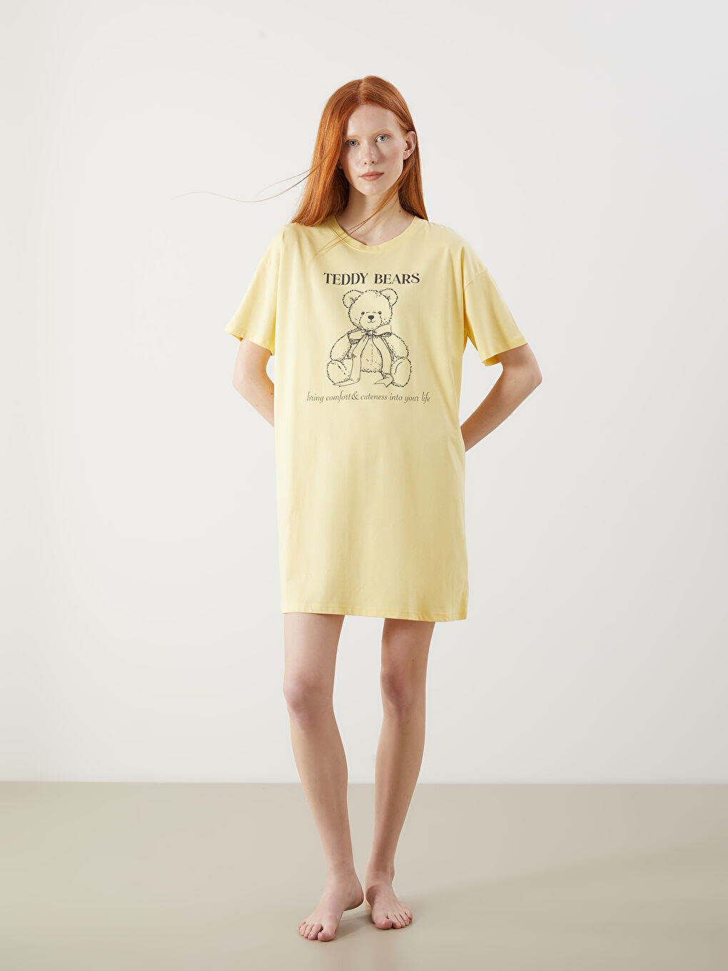 LCW Young Crew Neck Bear Teddy Printed Women's Nightdress -S5QS47Z8-FTK