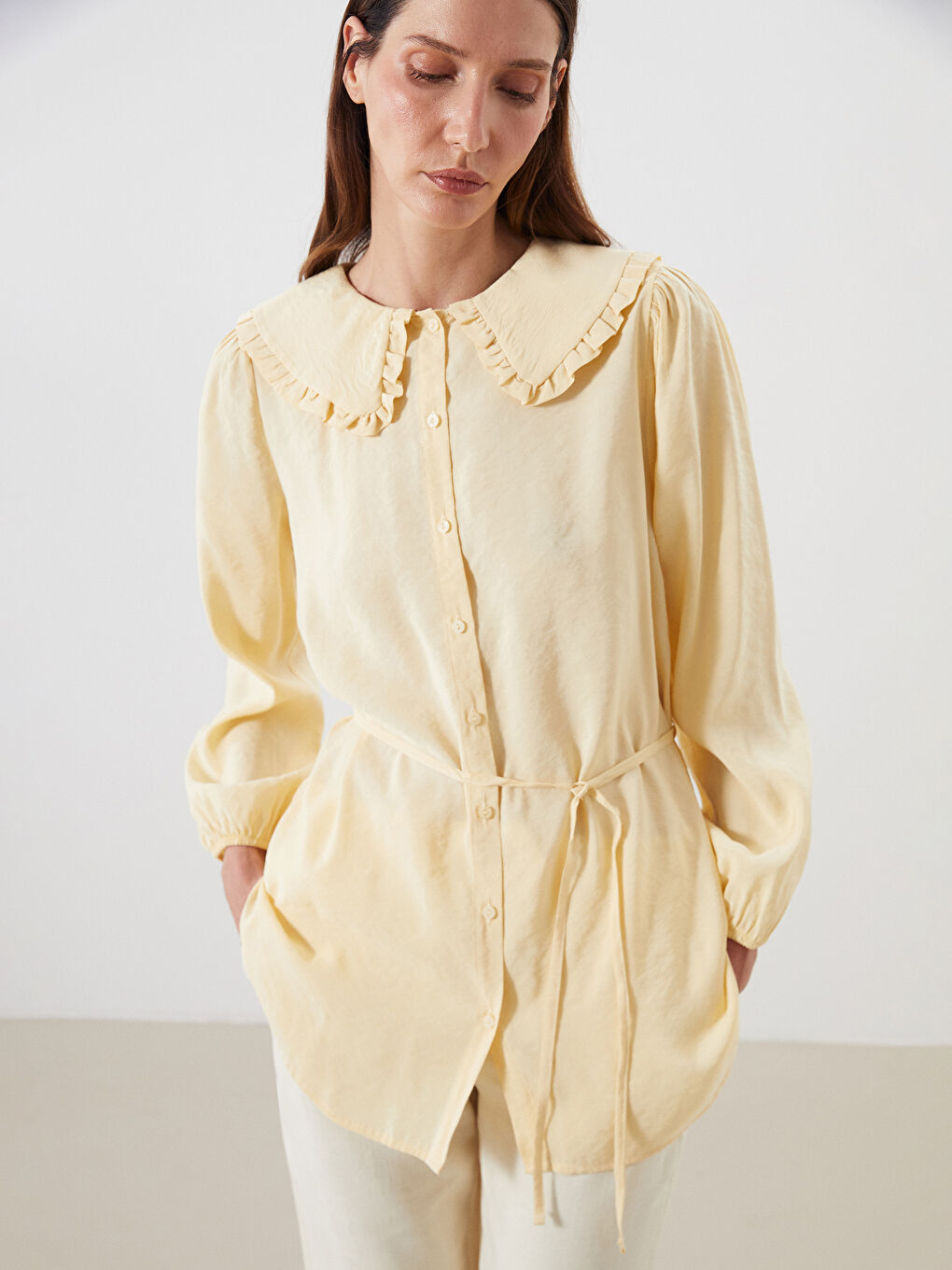 Bej Bebe Yaka Modal Karışımlı Kadın Gömlek Tunik-2