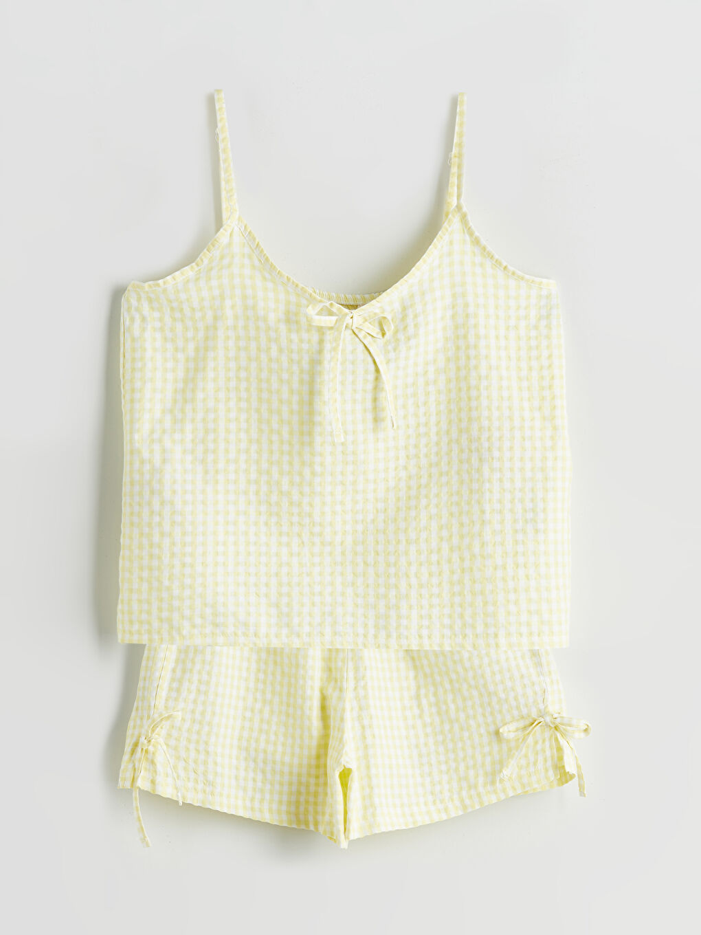 Sarı V Yaka Ekose Kadın Şortlu Pijama Takımı-4