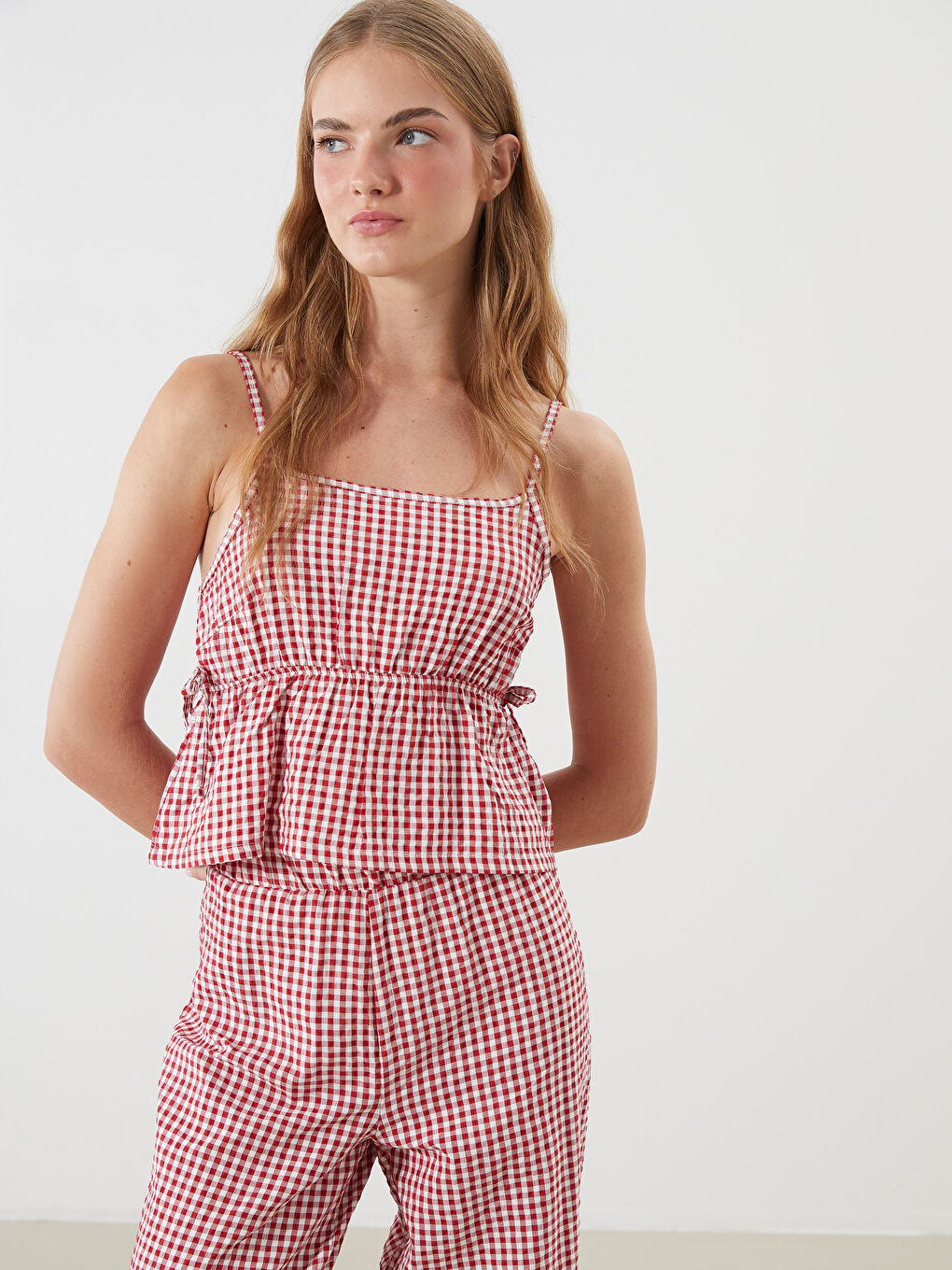 Square Collar Plaid Strappy Women's Pyjama Set-6