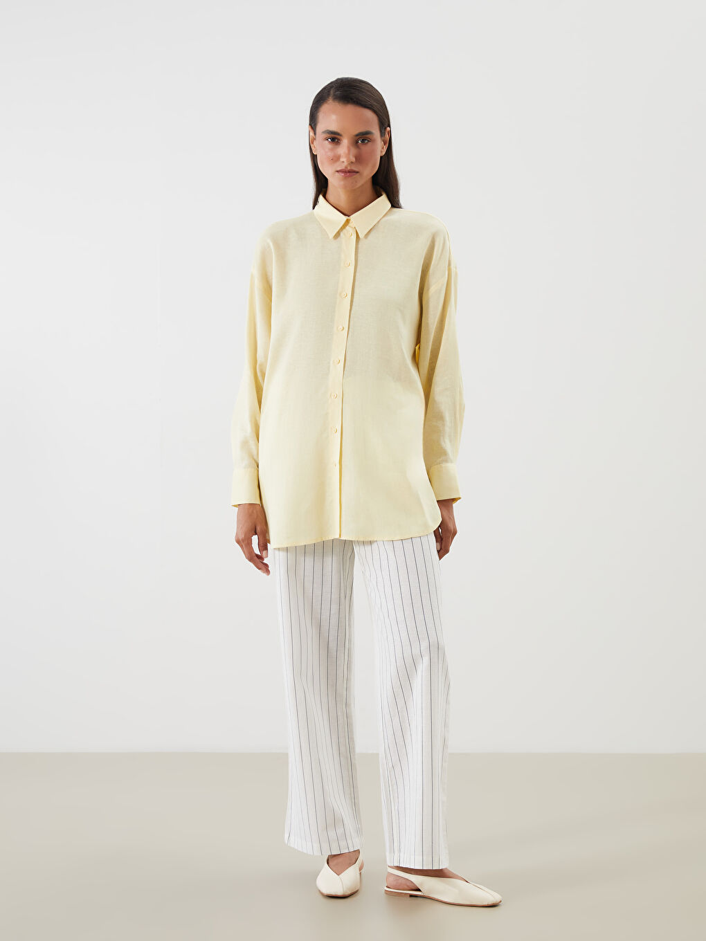 LCW Modest Elastic Waist Striped Linen Blend Women's Trousers -S5QT27Z8-SZ5