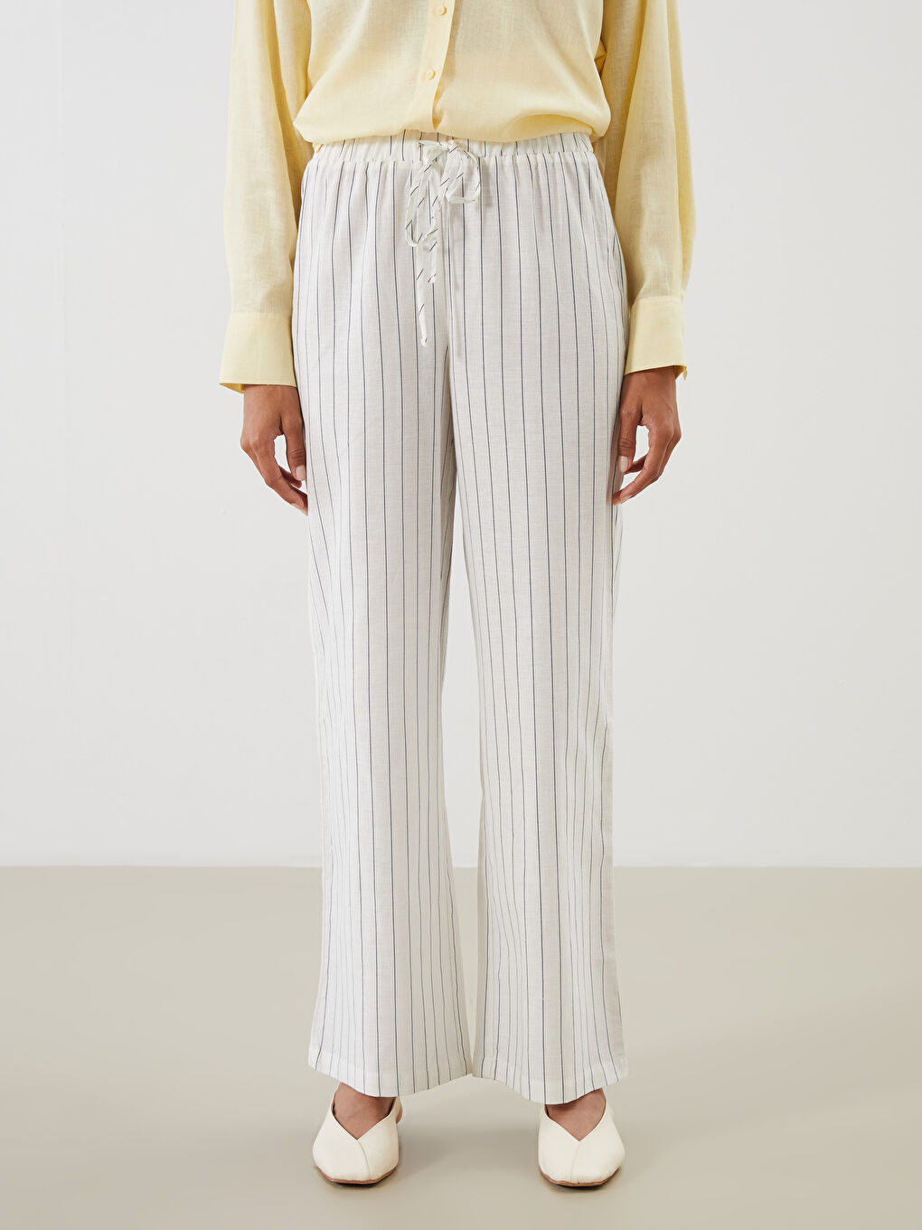LCW Modest Elastic Waist Striped Linen Blend Women's Trousers -S5QT27Z8-SZ5