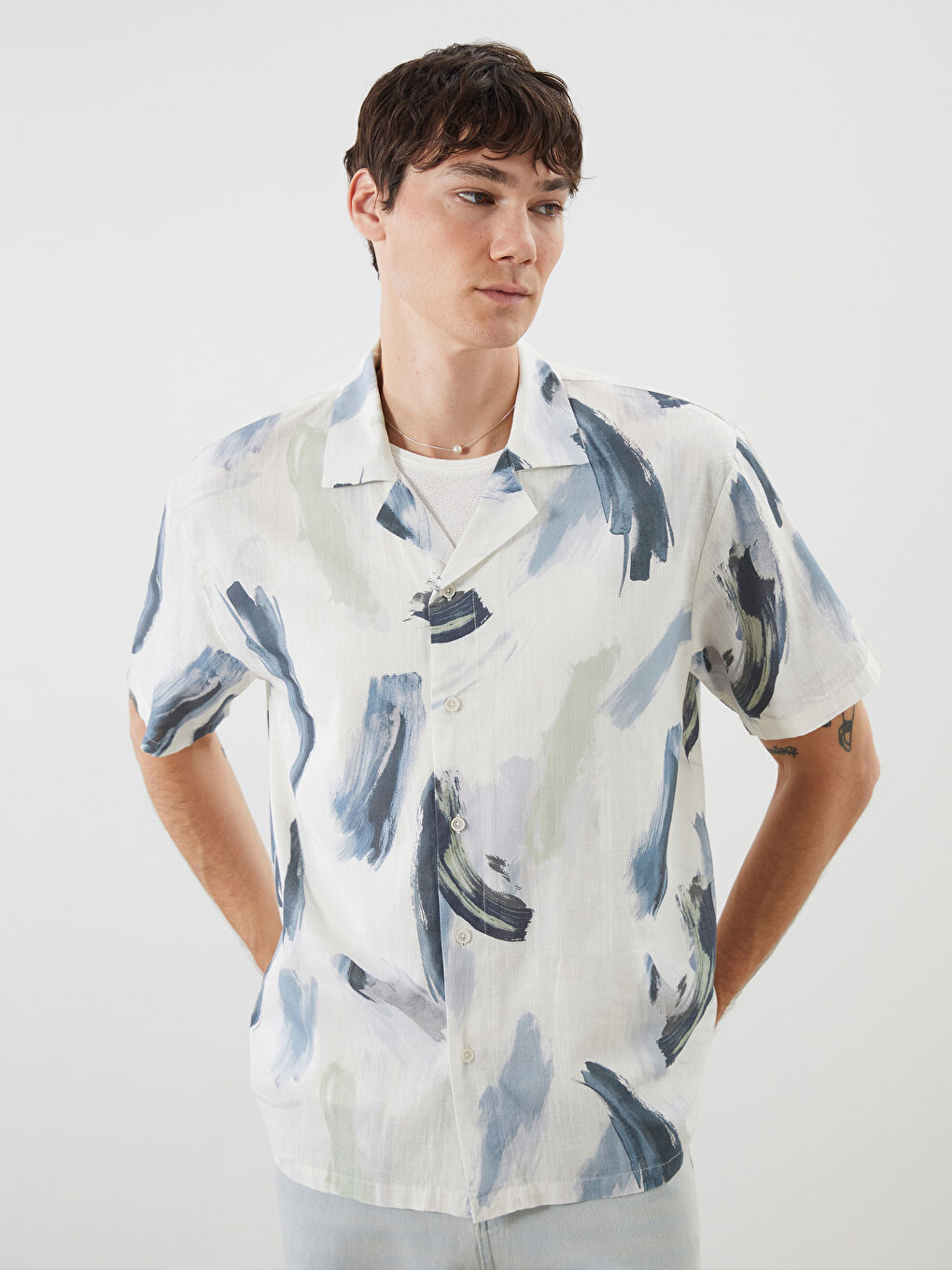 XSIDE Regular Fit Short Sleeve Patterned Poplin Men's Shirt -S5QT36Z8-F9C