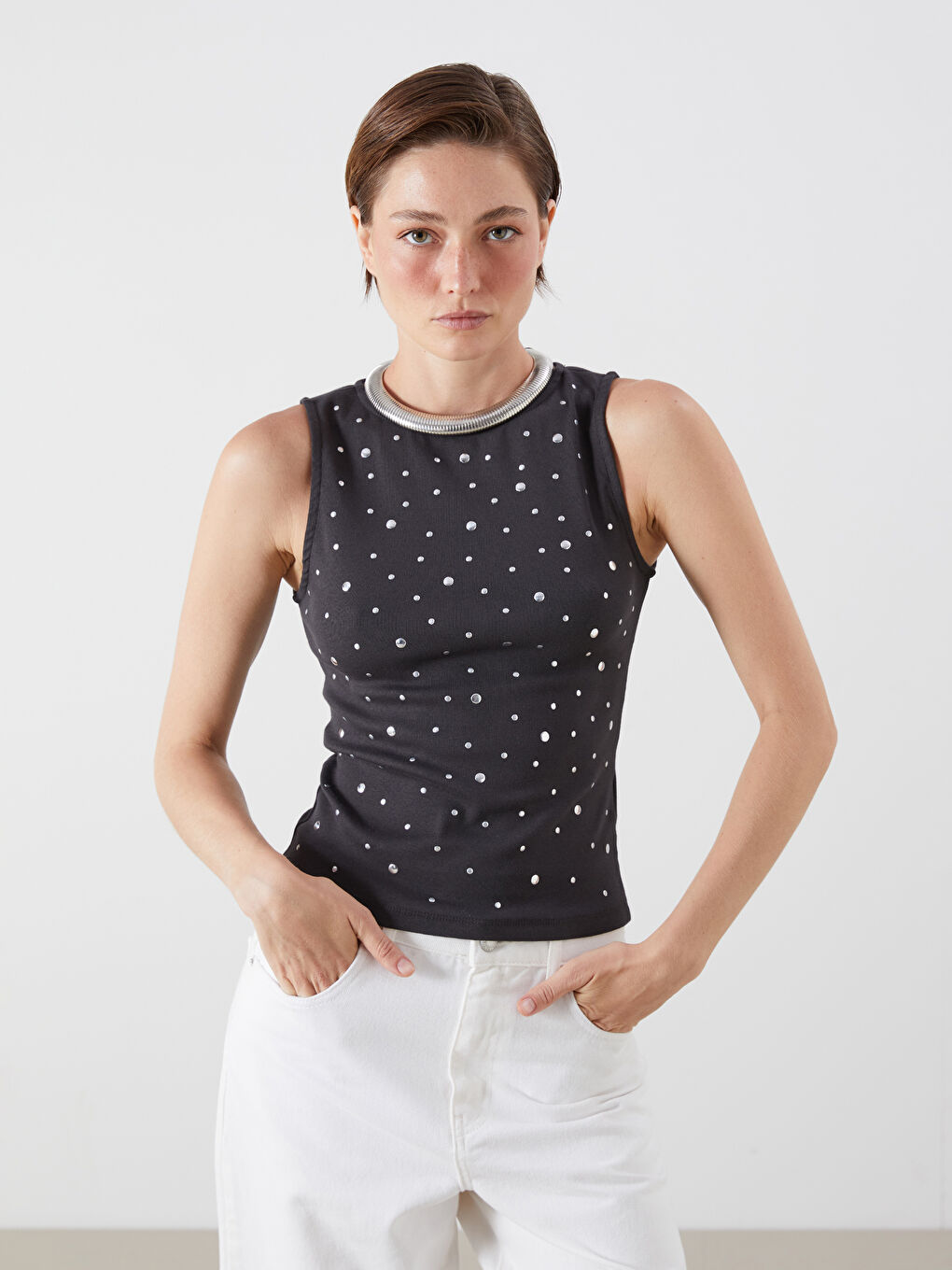 LCW Vision Crew Neck Rhinestone Embellished Women's Tank Top -S5QT50Z8-R3A