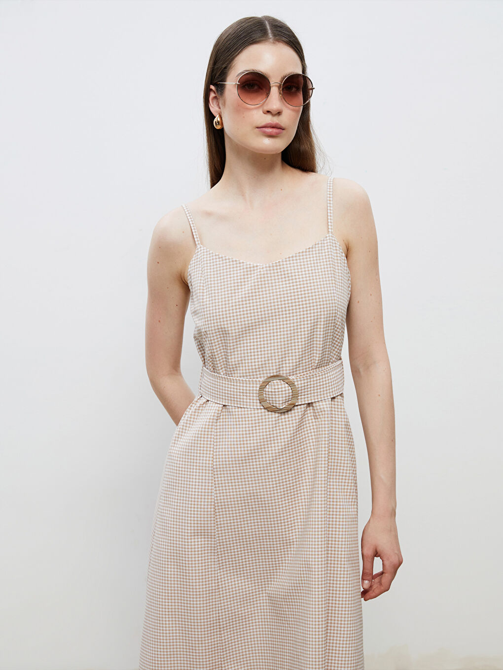 Bej Kalp Yaka Ekose Askılı A Kesim Elbise-1