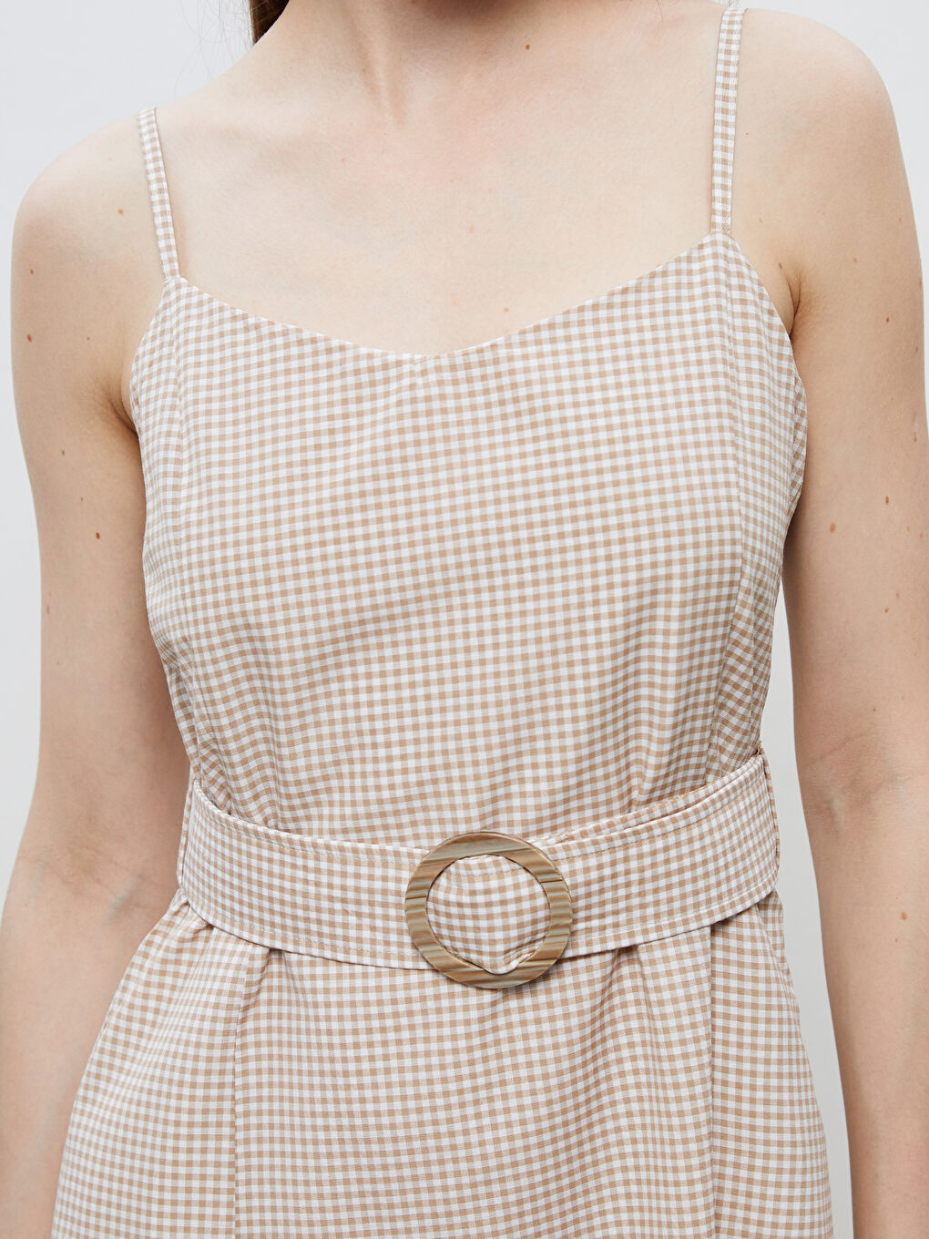 Bej Kalp Yaka Ekose Askılı A Kesim Elbise-2