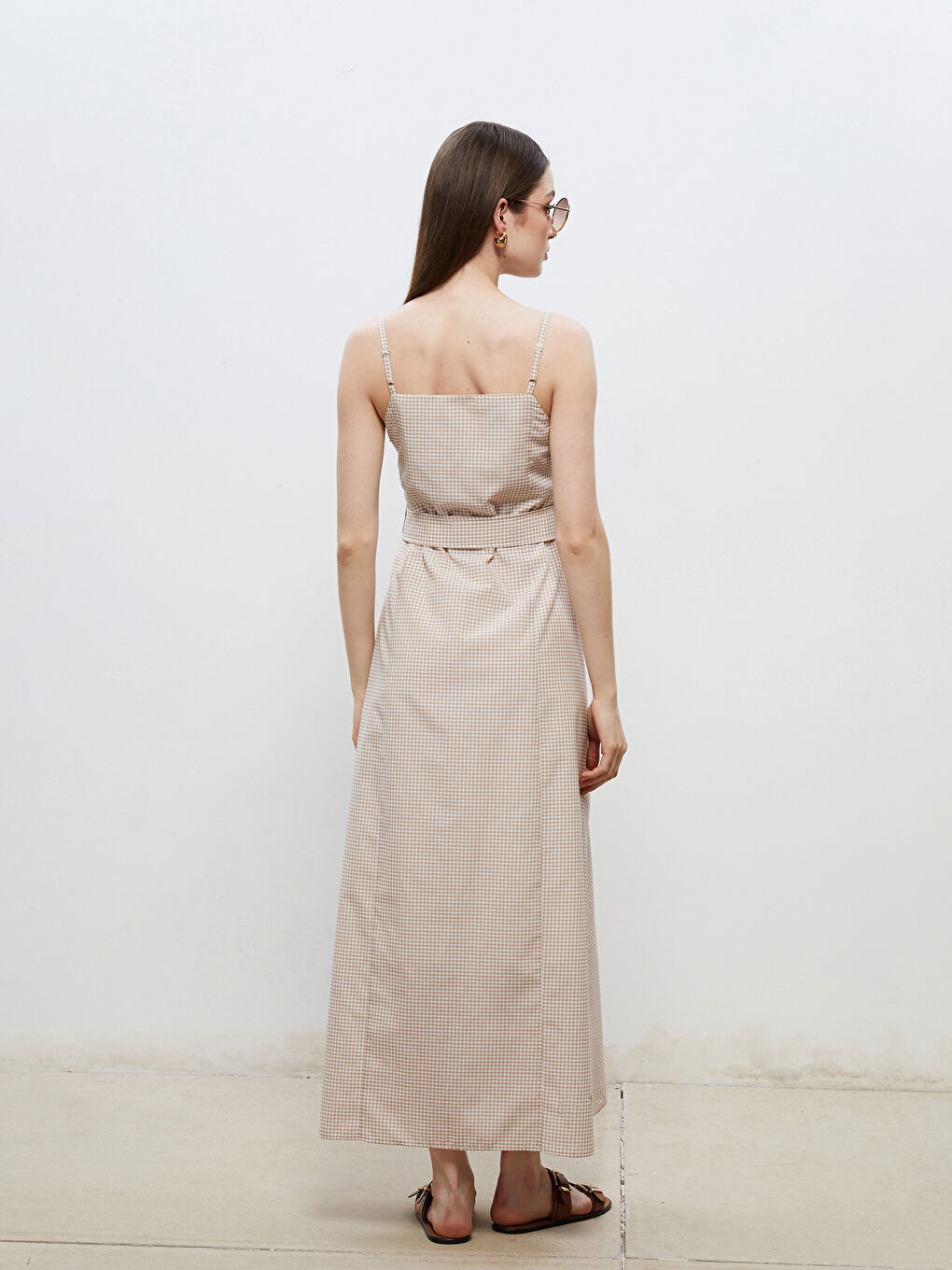 Bej Kalp Yaka Ekose Askılı A Kesim Elbise-3