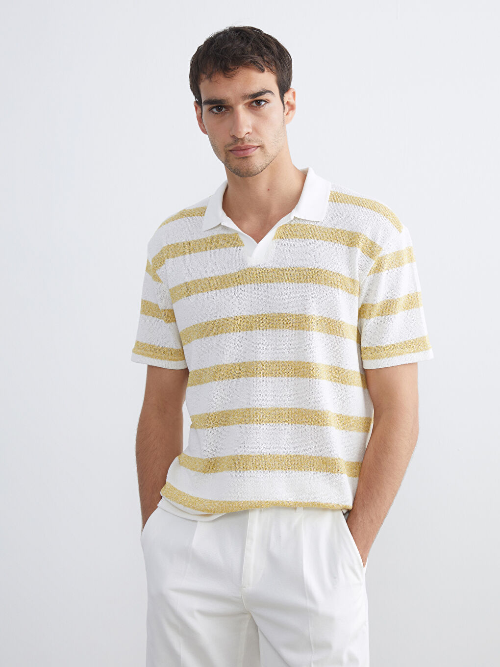 Sarı Polo Yaka Çizgili Penye Erkek Tişört