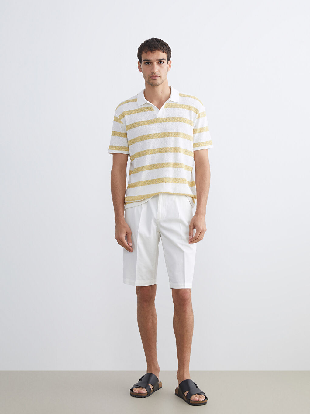 Sarı Polo Yaka Çizgili Penye Erkek Tişört-1