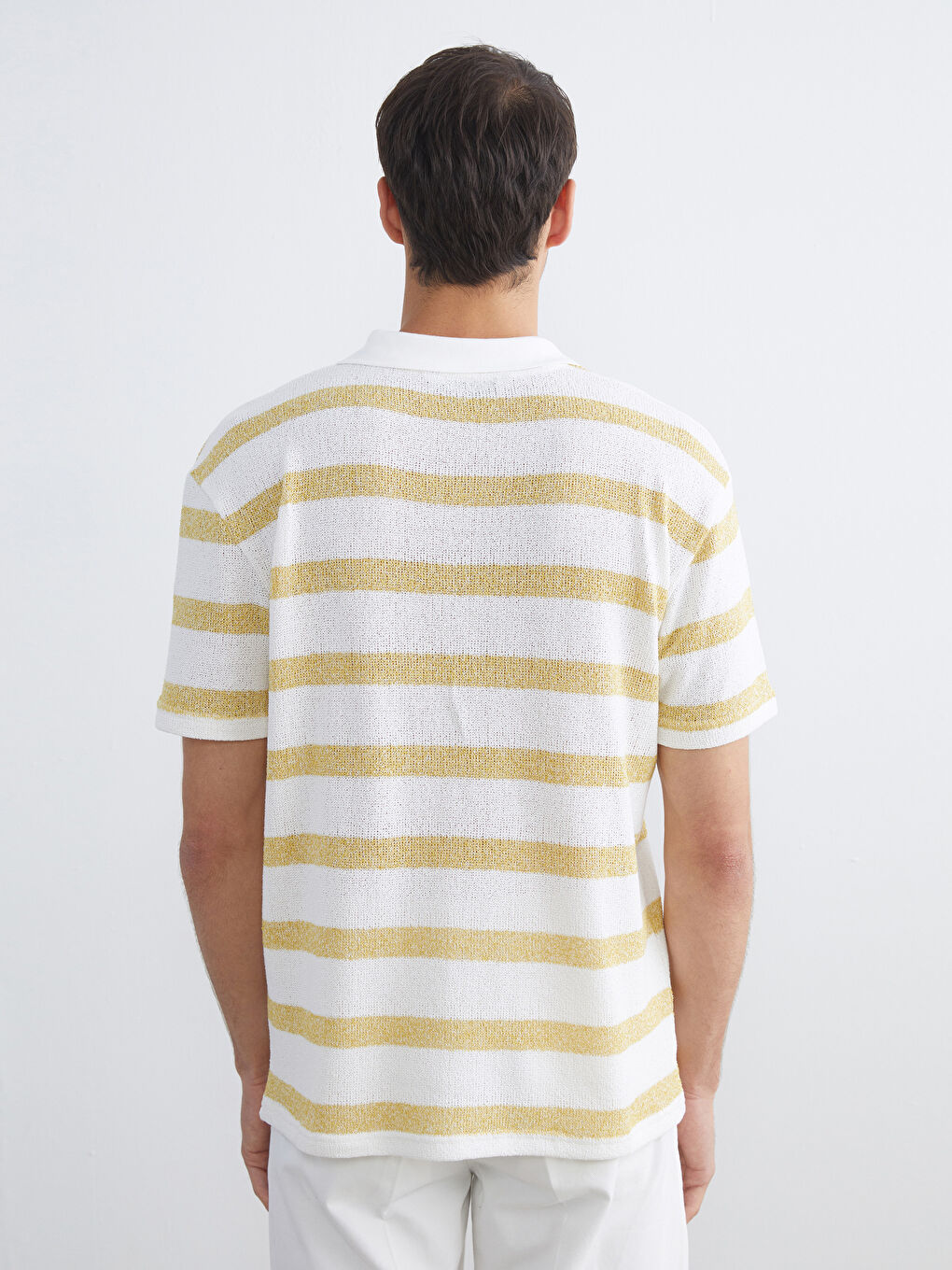 Sarı Polo Yaka Çizgili Penye Erkek Tişört-3