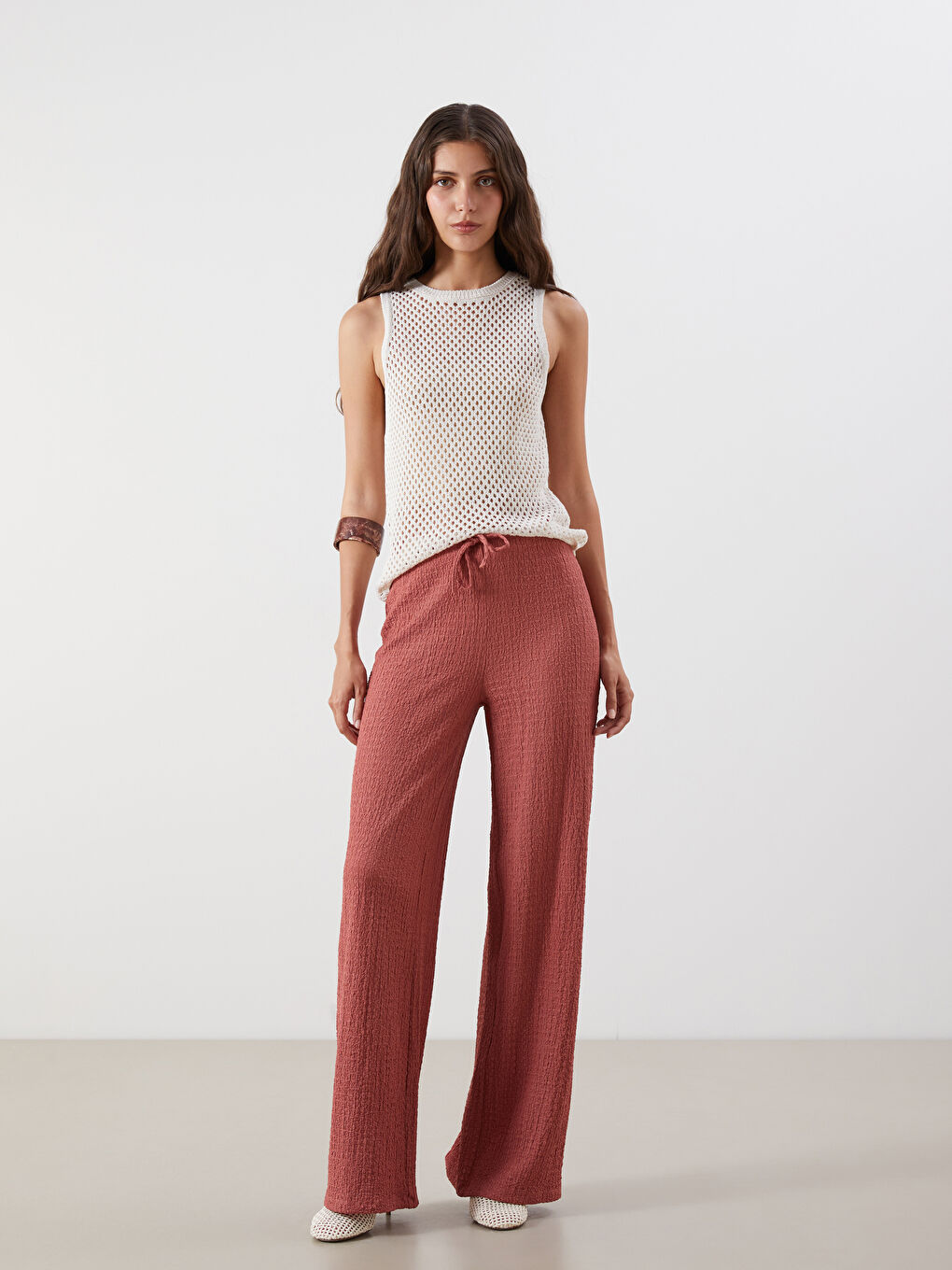 Elasticated Waist Textured Wide Leg Women's Trousers