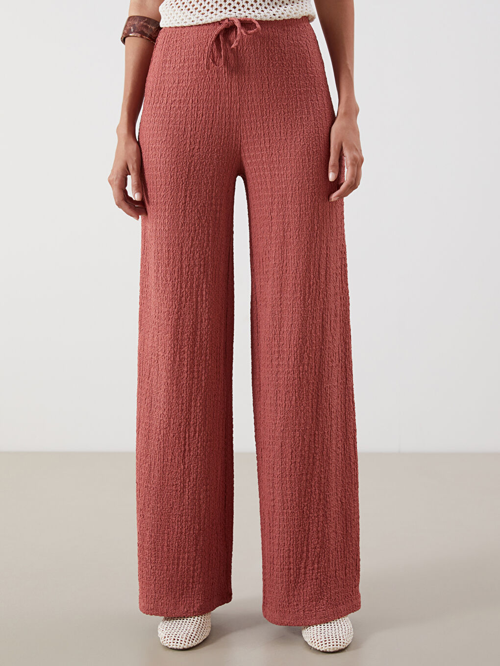 Elasticated Waist Textured Wide Leg Women's Trousers-1