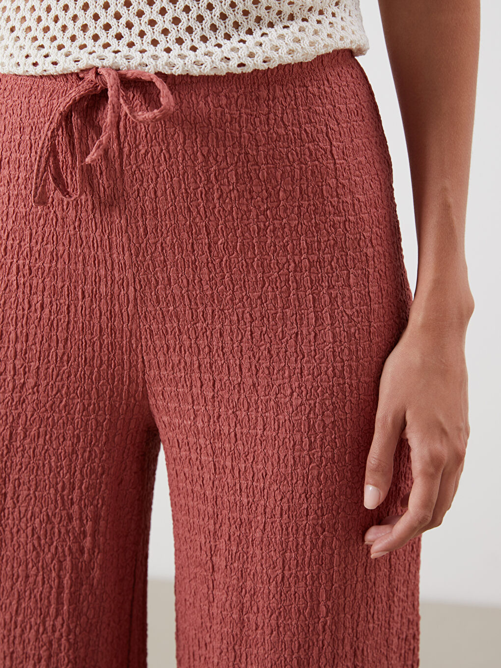 Elasticated Waist Textured Wide Leg Women's Trousers-2