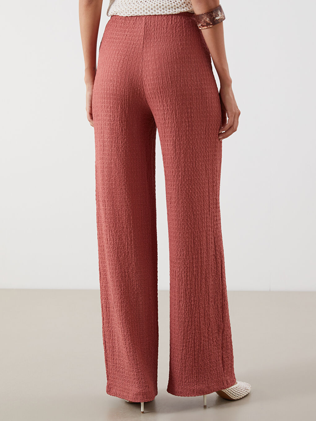 Elasticated Waist Textured Wide Leg Women's Trousers-3