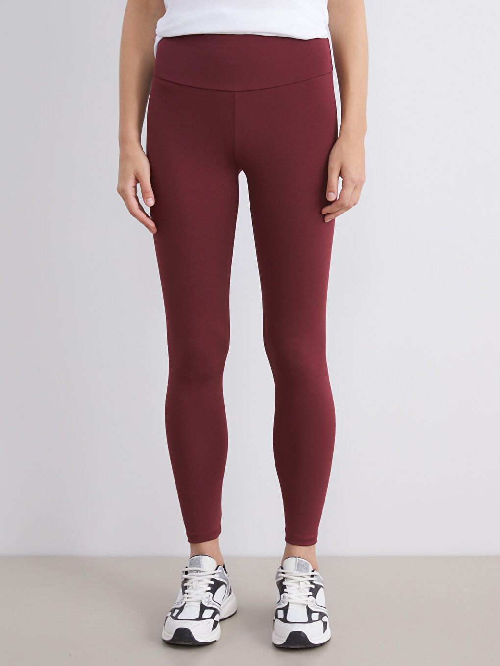 Bordo Beli Lastikli Kadın Spor Tayt-1