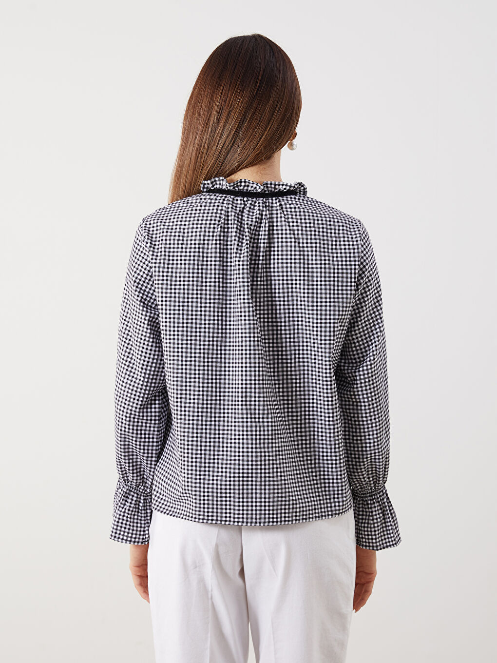 Siyah Bağlamalı Yaka Ekose Düğmeli Bluz-3